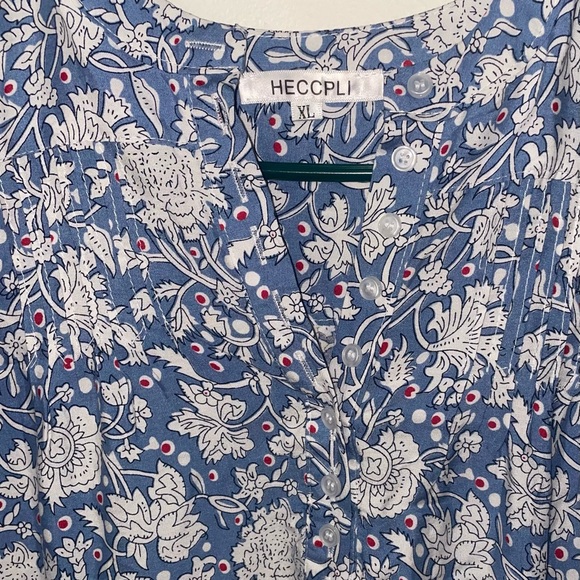 Heccpli Women’s 3/4 Sleeve Blue Floral Boho Maxi Dress Buttons and Tie Waist - Picture 13 of 14